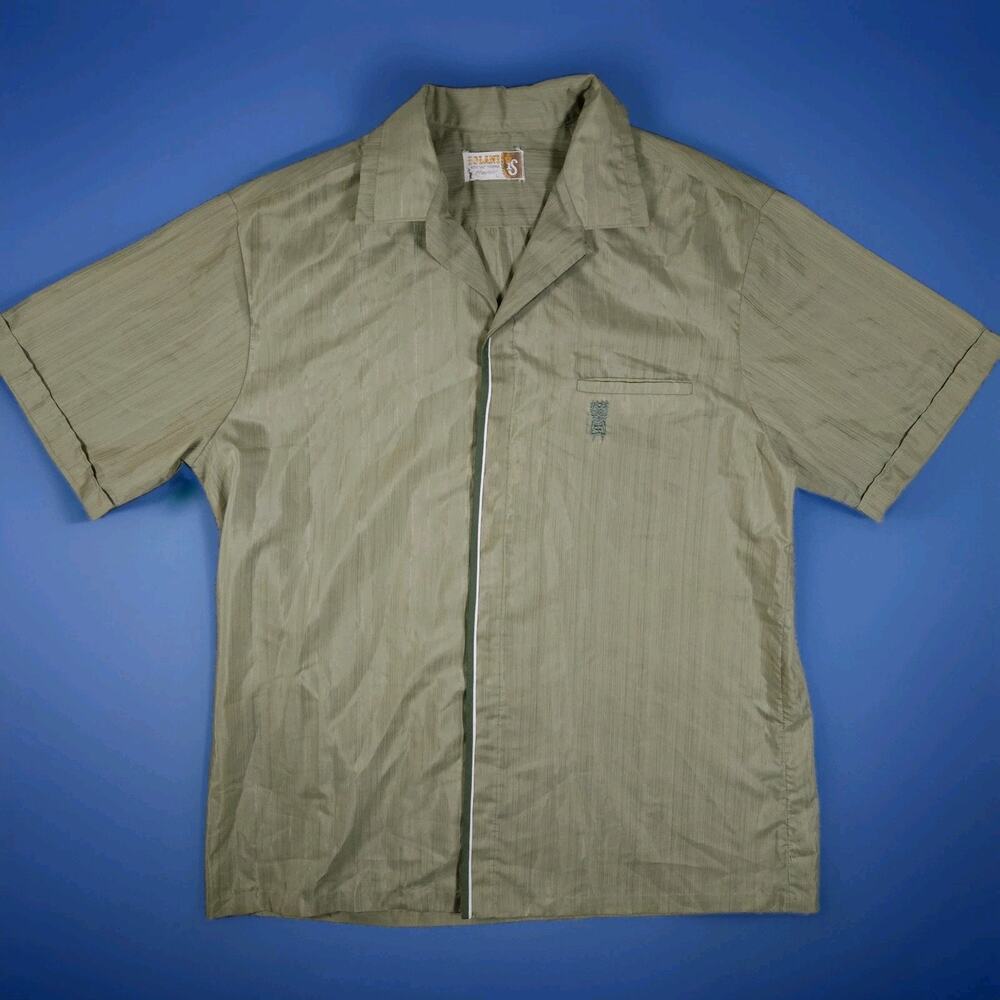 Vintage 1960s Iolani Hawaii Shirt Large Green Hidden Placket Tiki Embroidery